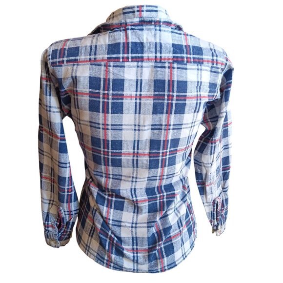 XS Vintage 70's Blue Top Plaid Buttery Flannel Button-Up Shirt Distress Repairs - Picture 3 of 9